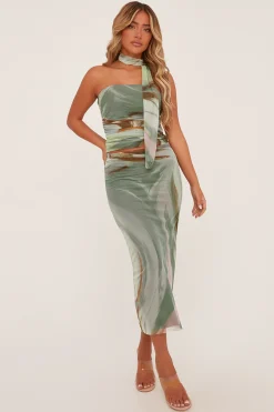 Rebellious Fashion Sage Abstract Print Bandeau Crop Top & Midi Skirt Co-ord Set - Savannah