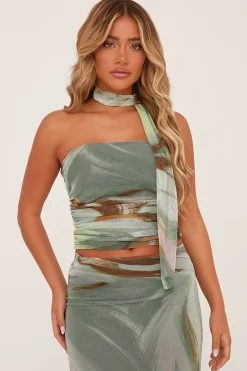 Rebellious Fashion Sage Abstract Print Bandeau Crop Top & Midi Skirt Co-ord Set - Savannah