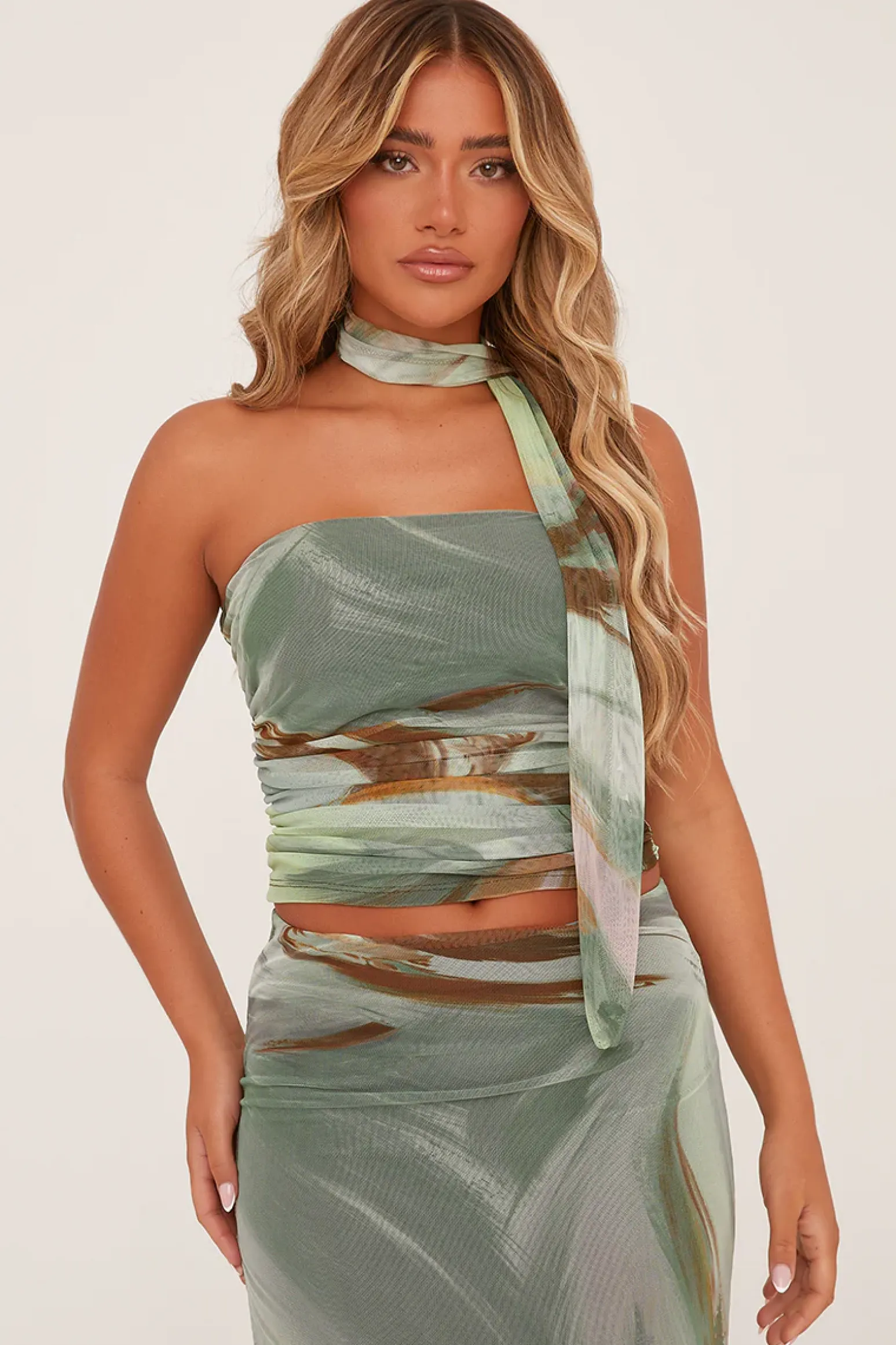 Rebellious Fashion Sage Abstract Print Bandeau Crop Top & Midi Skirt Co-ord Set - Savannah