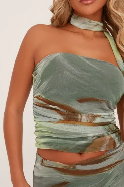 Rebellious Fashion Sage Abstract Print Bandeau Crop Top & Midi Skirt Co-ord Set - Savannah