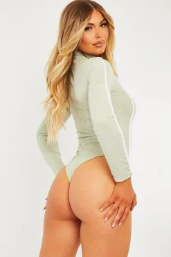 Rebellious Fashion Sage Contrast Piping Zip Front Bodysuit - Betsy