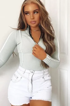 Rebellious Fashion Sage Contrast Piping Zip Front Bodysuit - Betsy