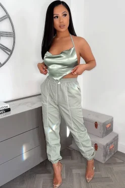 Rebellious Fashion Sage Contrast Stitch Cargo Trousers - Britanny