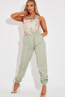 Rebellious Fashion Sage Contrast Stitch Cargo Trousers - Britanny