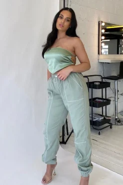 Rebellious Fashion Sage Contrast Stitch Cargo Trousers - Britanny