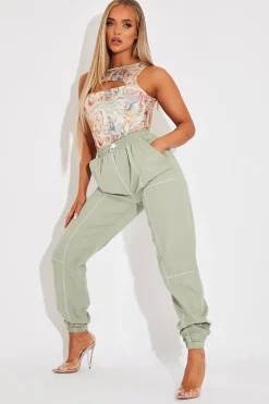Rebellious Fashion Sage Contrast Stitch Cargo Trousers - Britanny