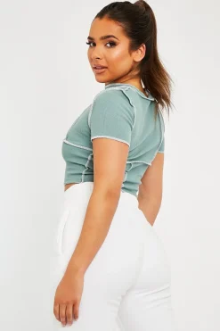 Rebellious Fashion Sage Contrast Stitch Cropped Top - Elna