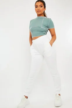 Rebellious Fashion Sage Contrast Stitch Cropped Top - Elna