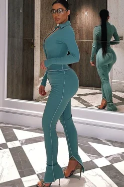 Rebellious Fashion Sage Contrast Stitch Split Hem Leggings - Ria