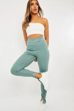 Rebellious Fashion Sage Contrast Stitch Split Hem Leggings - Ria