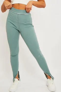 Rebellious Fashion Sage Contrast Stitch Split Hem Leggings - Ria