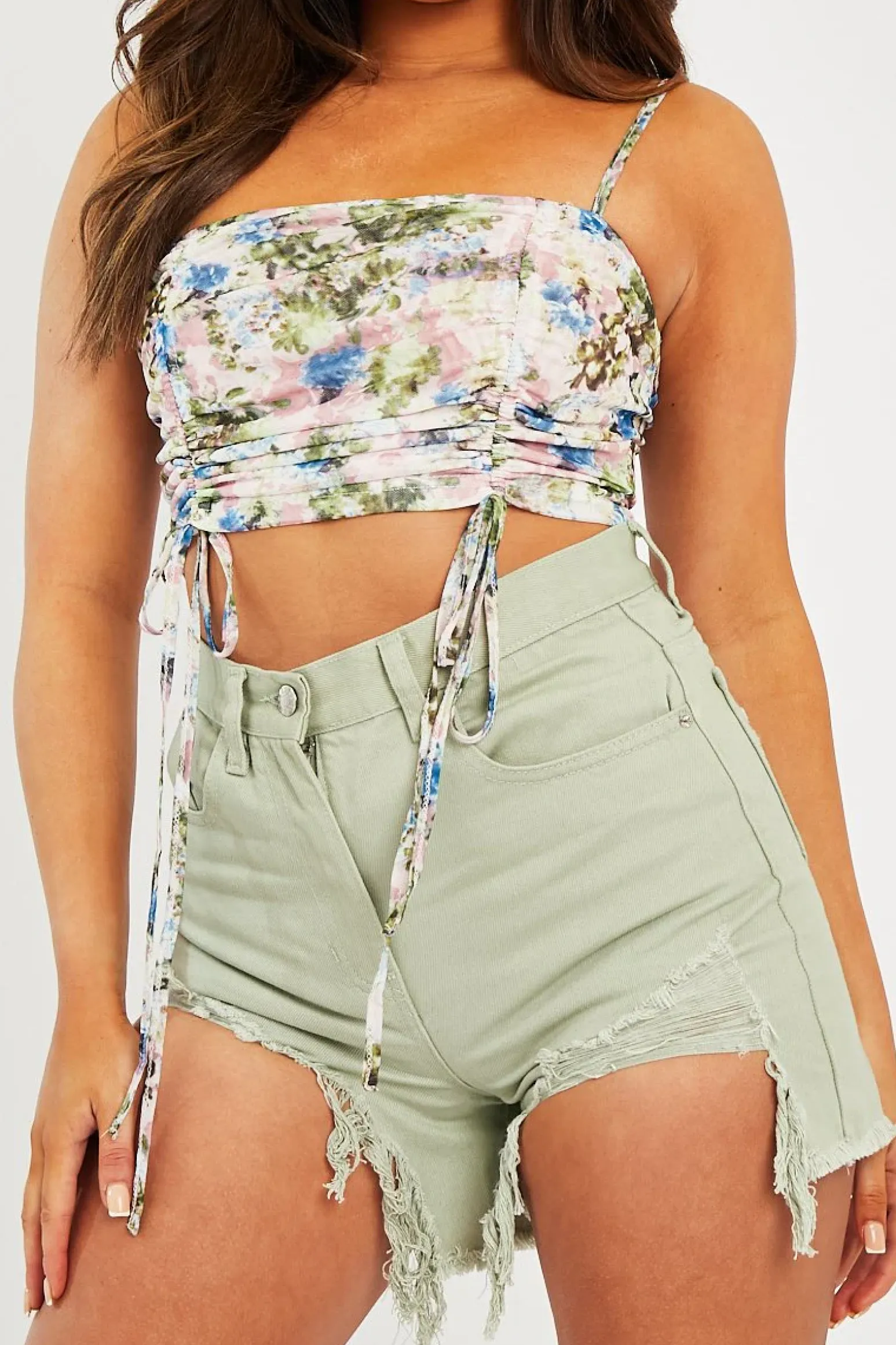 Rebellious Fashion Sage Denim Extreme Rip Front Shorts - Aarya