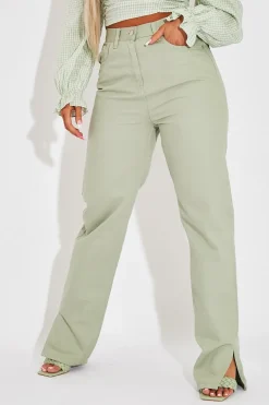 Rebellious Fashion Sage Denim Straight Leg Side Split Jeans - Tashi