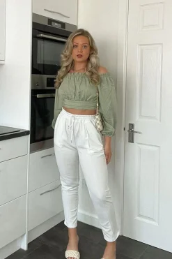 Rebellious Fashion Sage Elasticated Bardot Crop Top - Amelia