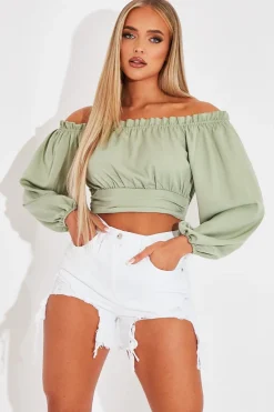 Rebellious Fashion Sage Elasticated Bardot Crop Top - Amelia