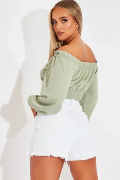 Rebellious Fashion Sage Elasticated Bardot Crop Top - Amelia
