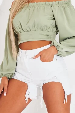 Rebellious Fashion Sage Elasticated Bardot Crop Top - Amelia