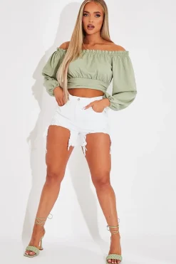 Rebellious Fashion Sage Elasticated Bardot Crop Top - Amelia