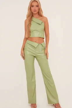 Rebellious Fashion Sage Faux Leather One Shoulder Top & Trousers Co-ord Set - Lydian