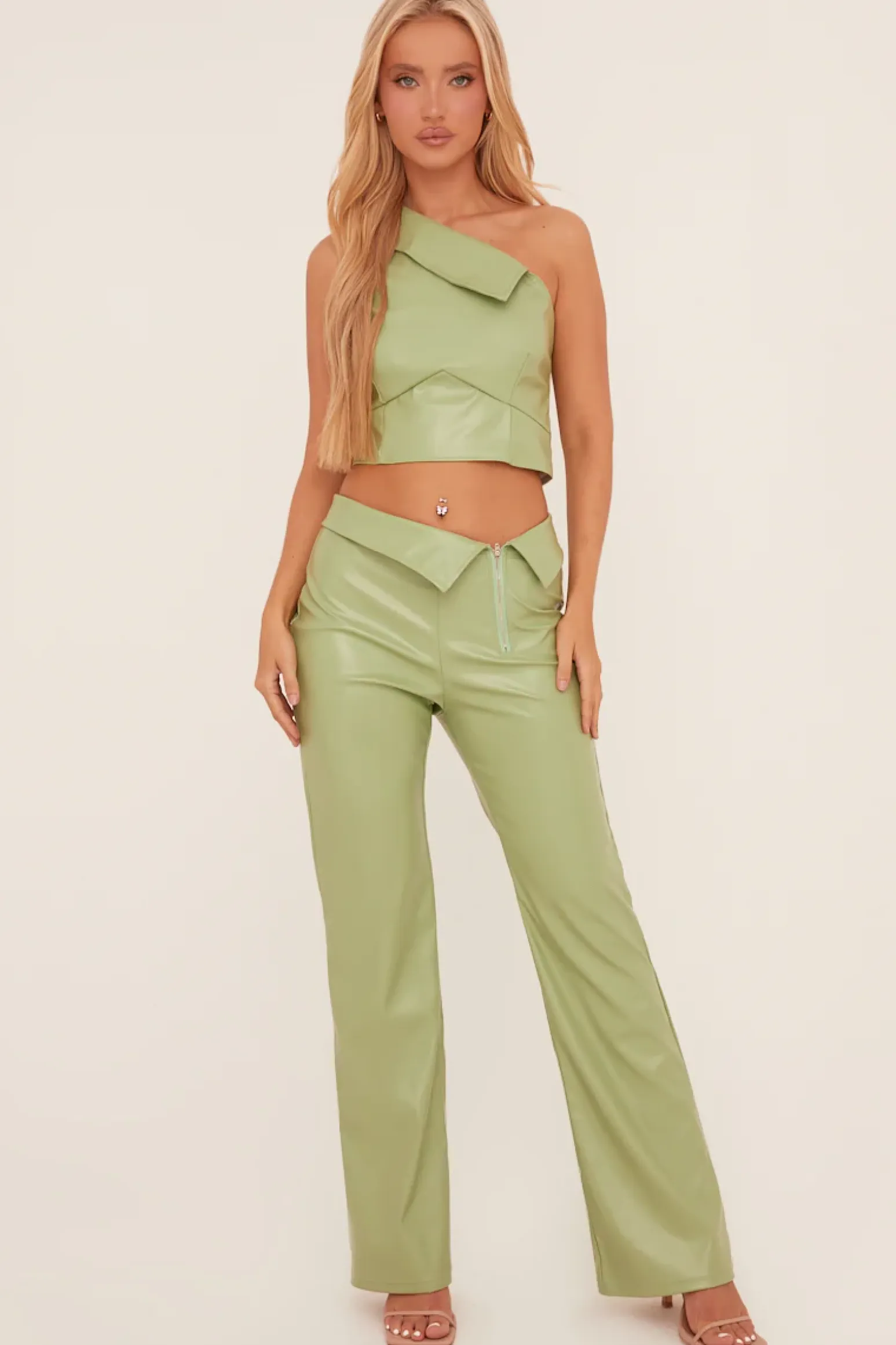 Rebellious Fashion Sage Faux Leather One Shoulder Top & Trousers Co-ord Set - Lydian