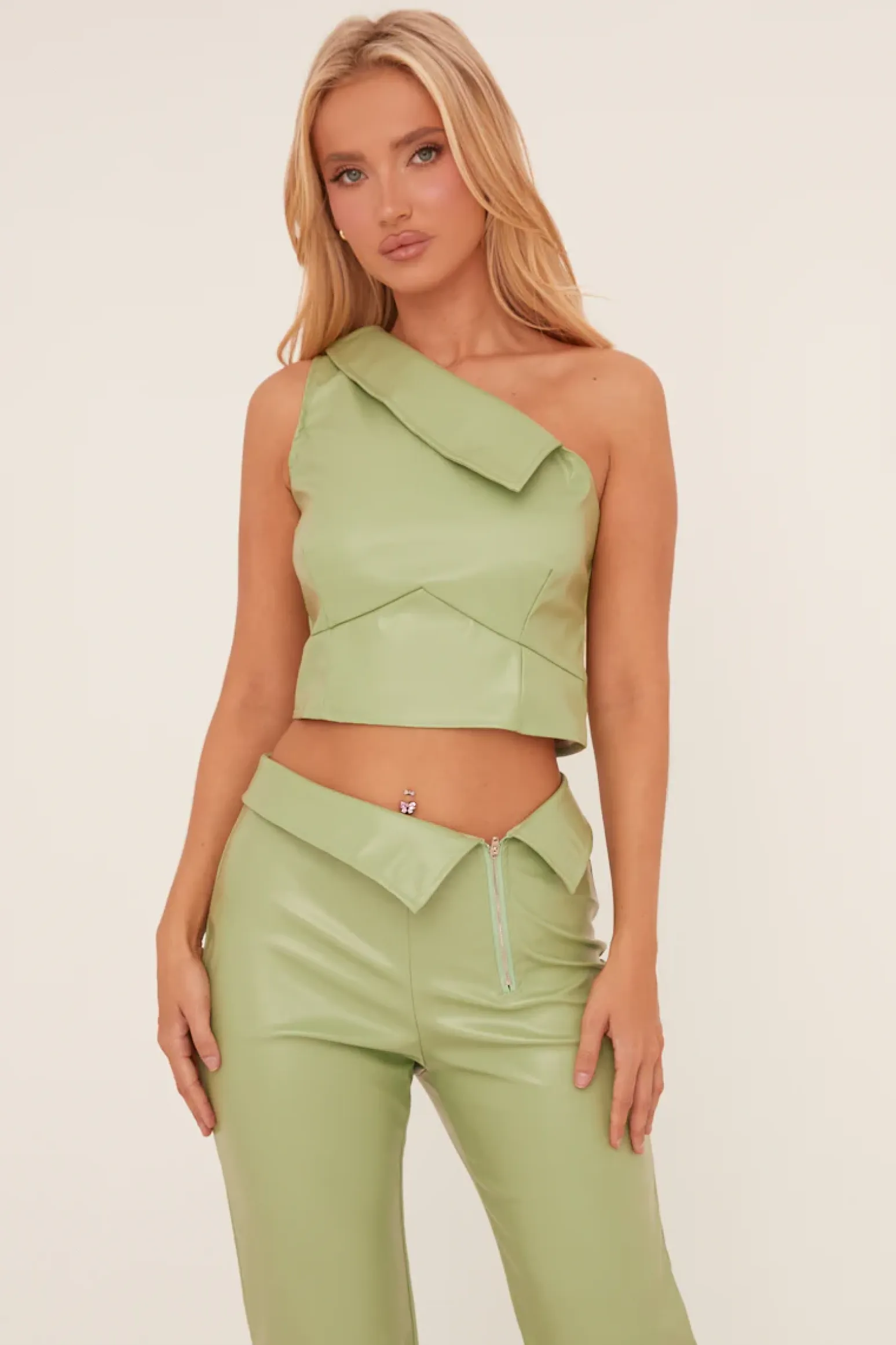 Rebellious Fashion Sage Faux Leather One Shoulder Top & Trousers Co-ord Set - Lydian