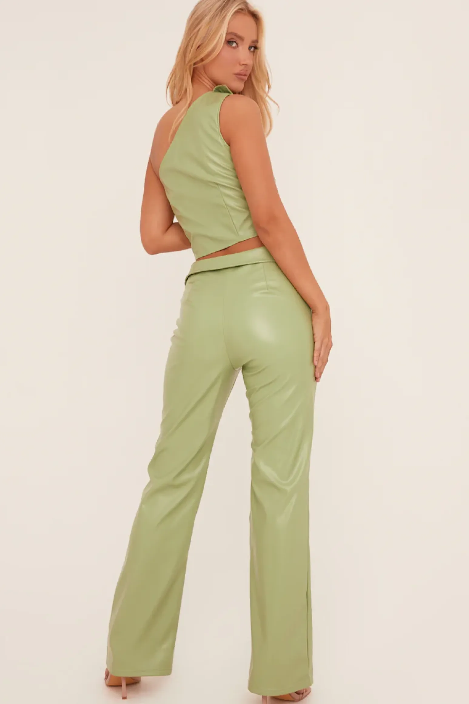 Rebellious Fashion Sage Faux Leather One Shoulder Top & Trousers Co-ord Set - Lydian