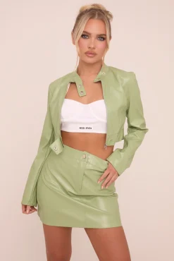 Rebellious Fashion Sage Faux Leather Zip Detail Top & Mini Skirt Co-ord Set - Dora