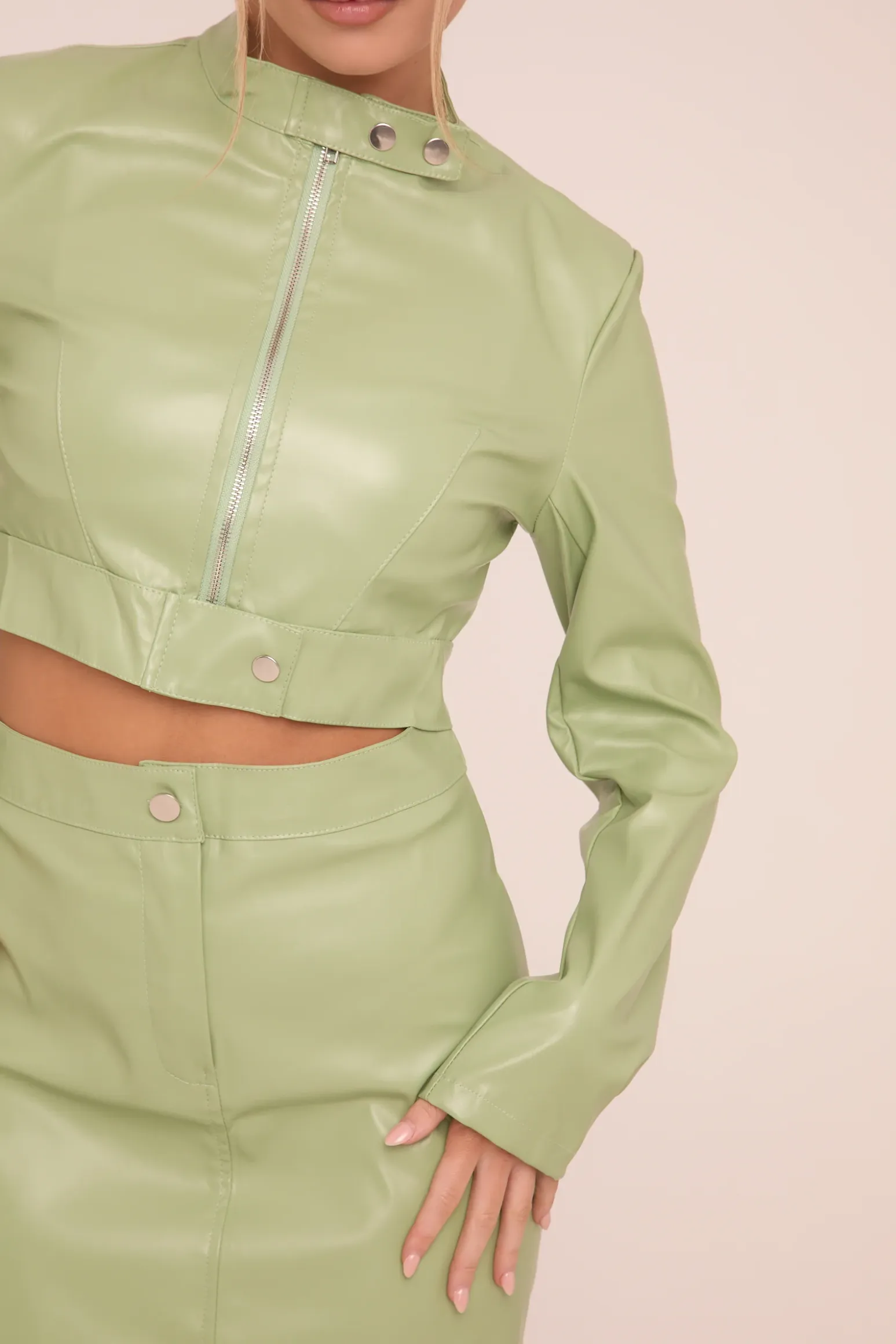 Rebellious Fashion Sage Faux Leather Zip Detail Top & Mini Skirt Co-ord Set - Dora