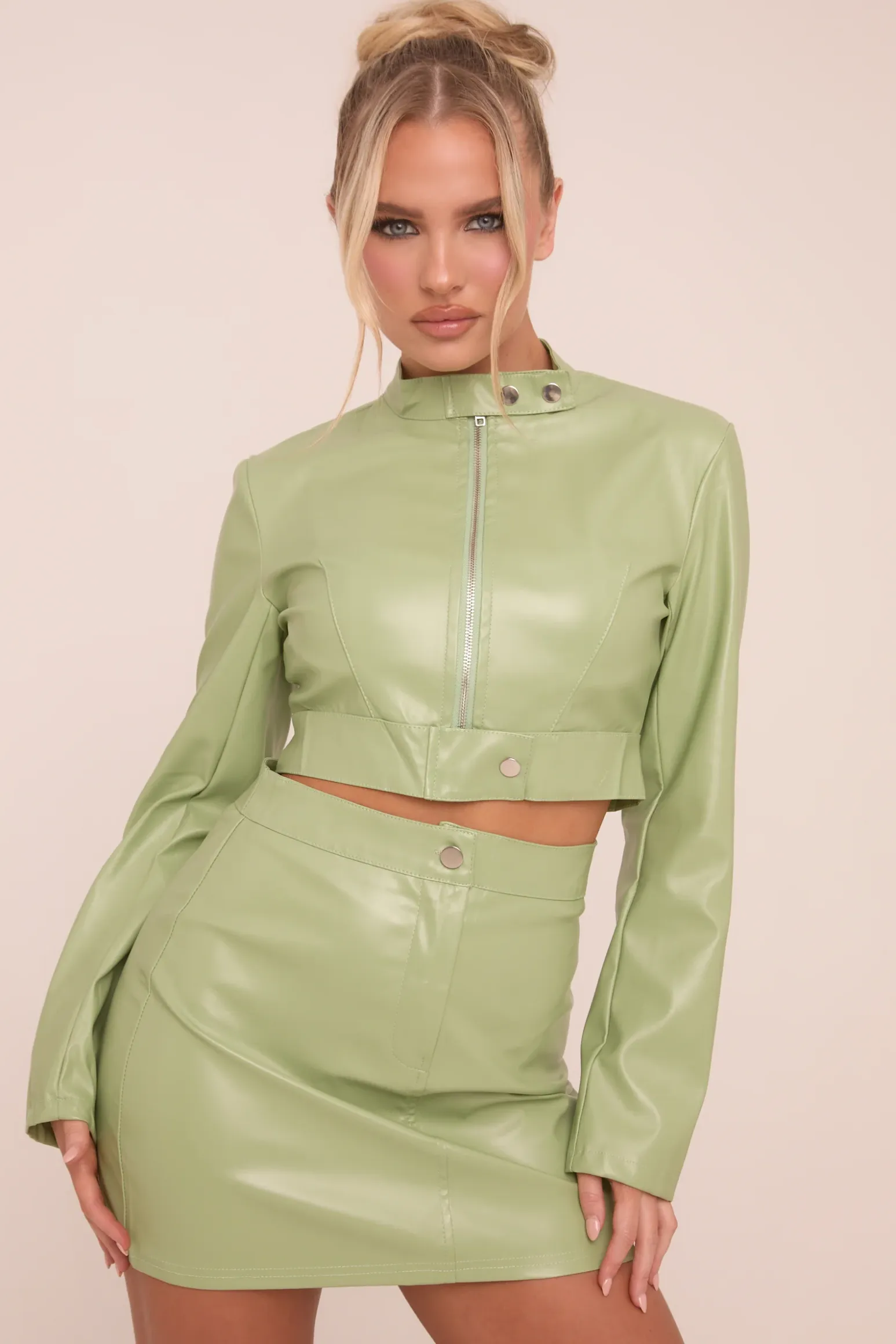 Rebellious Fashion Sage Faux Leather Zip Detail Top & Mini Skirt Co-ord Set - Dora
