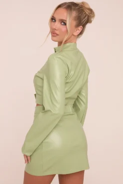 Rebellious Fashion Sage Faux Leather Zip Detail Top & Mini Skirt Co-ord Set - Dora