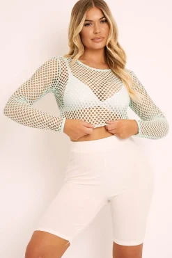 Rebellious Fashion Sage Fishnet Long Sleeved Crop Top - Bernice