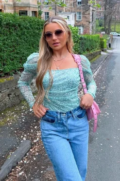 Rebellious Fashion Sage Floral Puff Sleeve Bodysuit - Deana