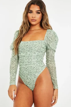 Rebellious Fashion Sage Floral Puff Sleeve Bodysuit - Deana