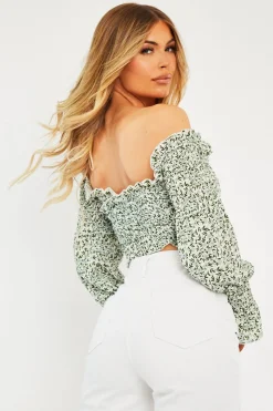 Rebellious Fashion Sage Floral Shirred Bardot Crop Top - Harrlet