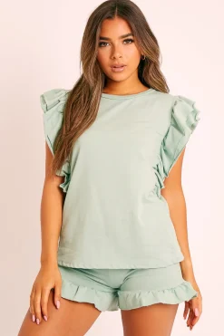 Rebellious Fashion Sage Frill Hem T-shirt Short Loungewear Co-ord - Daleiza