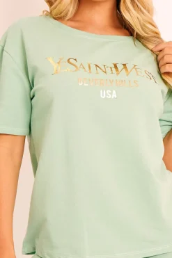 Rebellious Fashion Sage Gold Beverly Hills T-shirt Cycling Shorts Co-ord - Laura