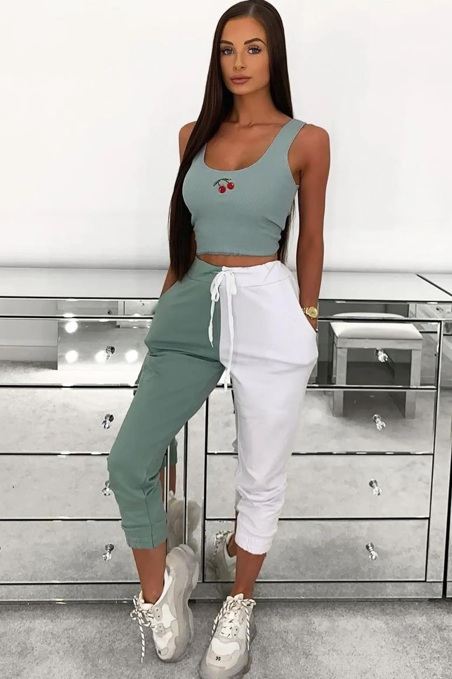 Rebellious Fashion Sage Half White Elasticated Waist Joggers - Dasha