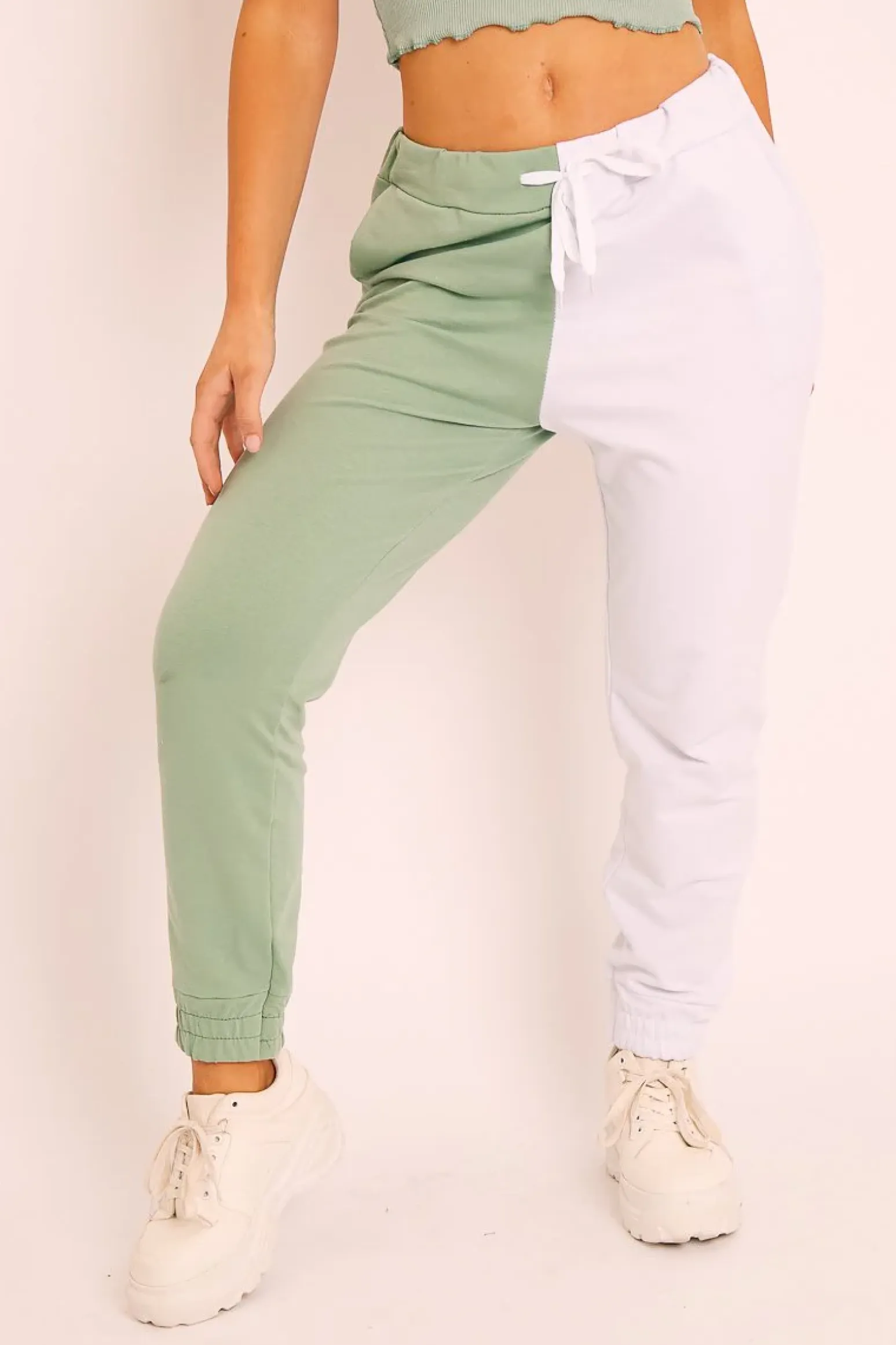 Rebellious Fashion Sage Half White Elasticated Waist Joggers - Dasha