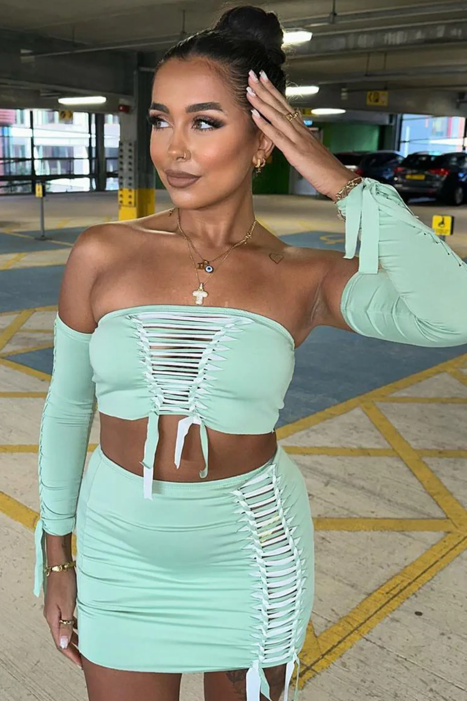 Rebellious Fashion Sage Knot Detail Bandeau Cropped Top & Mini Skirt Set - Piu