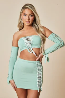 Rebellious Fashion Sage Knot Detail Bandeau Cropped Top & Mini Skirt Set - Piu