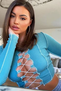 Rebellious Fashion Sage Lace Up Contrast Stitch Long Sleeve Crop Top - Mitzi