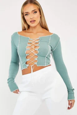 Rebellious Fashion Sage Lace Up Contrast Stitch Long Sleeve Crop Top - Mitzi