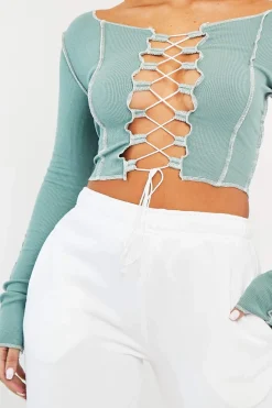 Rebellious Fashion Sage Lace Up Contrast Stitch Long Sleeve Crop Top - Mitzi