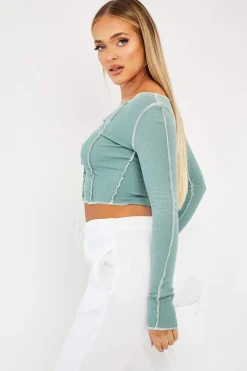Rebellious Fashion Sage Lace Up Contrast Stitch Long Sleeve Crop Top - Mitzi