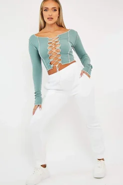 Rebellious Fashion Sage Lace Up Contrast Stitch Long Sleeve Crop Top - Mitzi