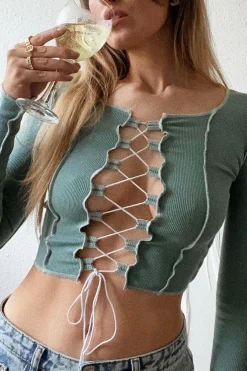 Rebellious Fashion Sage Lace Up Contrast Stitch Long Sleeve Crop Top - Mitzi