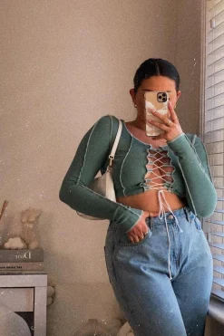 Rebellious Fashion Sage Lace Up Contrast Stitch Long Sleeve Crop Top - Mitzi