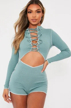 Rebellious Fashion Sage Lace Up Cut Out Contrast Stitch Ribbed Playsuit - Drina