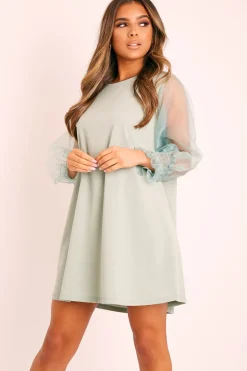 Rebellious Fashion Sage Mesh Sleeve Shift Dress - Elizzie