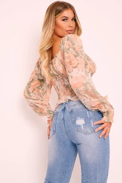 Rebellious Fashion Sage Nude Floral Puff Shoulder Crop Top - Aaleah
